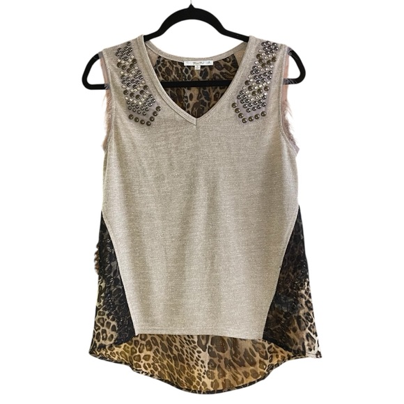 Miss Me Top Sz. S Cream Sleeveless Embellished Blouse Animal Print Metal Studded - Picture 7 of 11